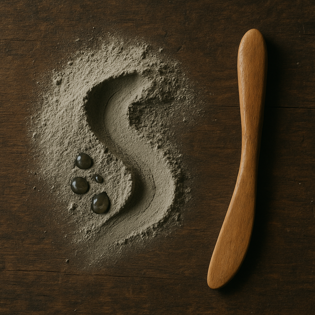 Overhead bentonite clay mound on rough wood with a sweeping trench and subtly sagging water droplets; handcrafted wooden sculpting tool at right; tactile, film-grain feel.