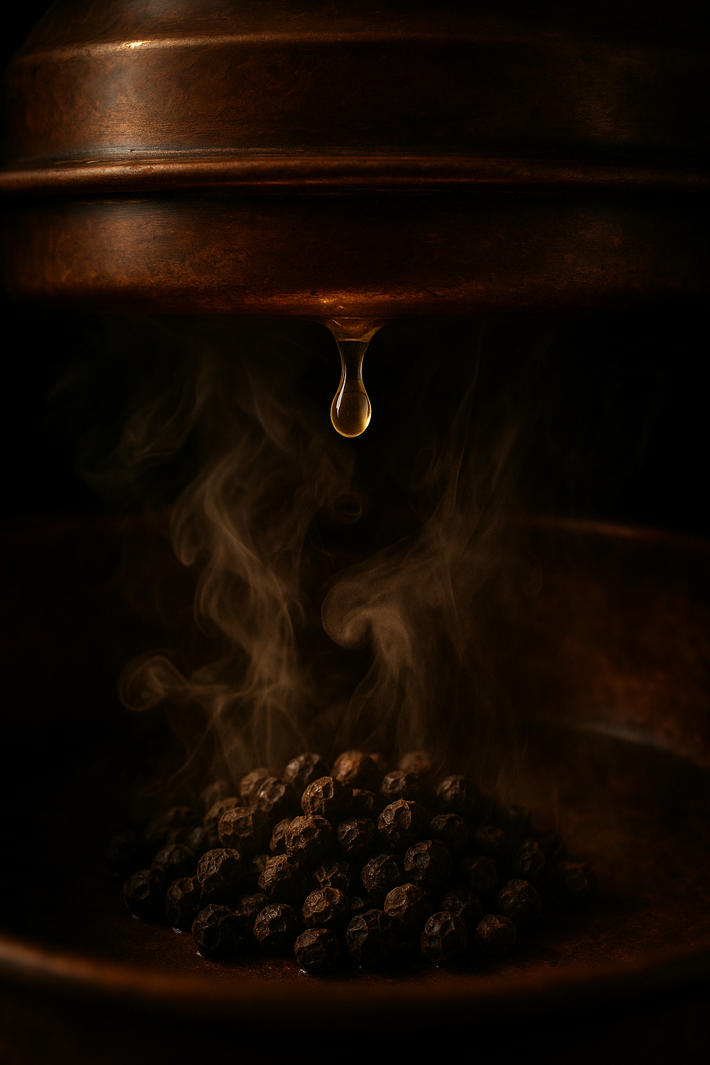 Steam distillation of black pepper in a copper alembic still; a pale essential oil droplet forms above steaming peppercorns in warm, moody light.