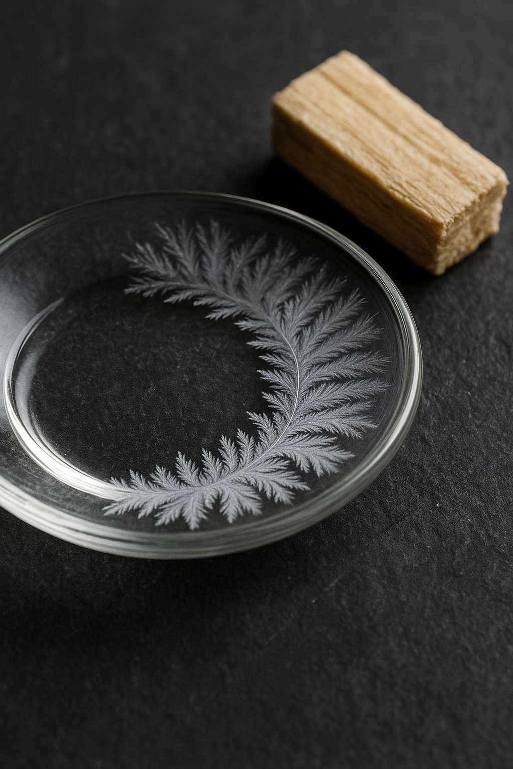 Camphor essential oil in a glass watch glass forming feathery white crystals along the rim on dark slate beside raw camphor wood.
