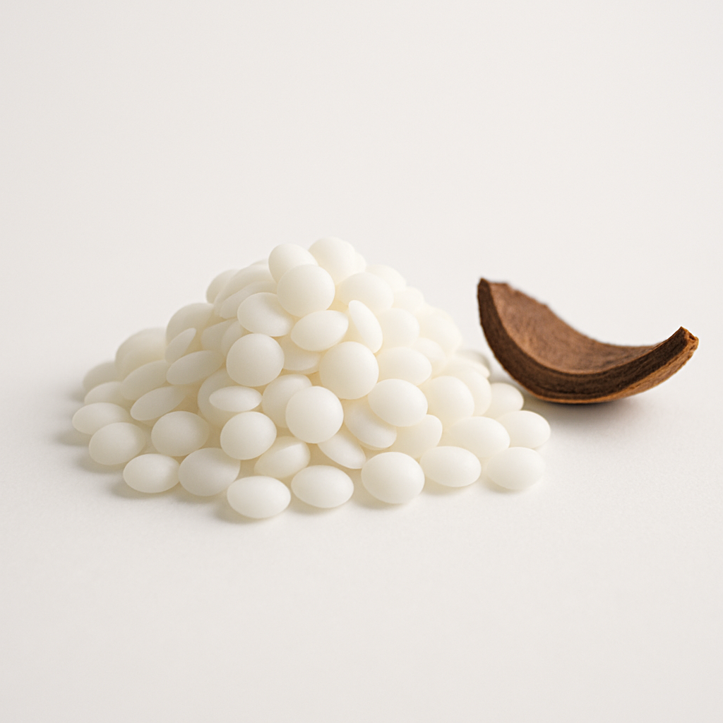 a small pile of smooth, white coconut wax pastilles resting on a seamless white background, with a single dark brown piece of coconut shell placed beside them.