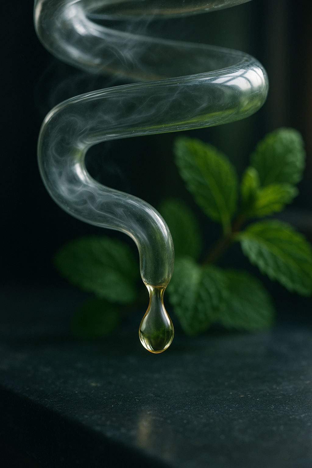 Macro of a hand-blown glass condenser coil with a clear spearmint essential oil droplet forming; vapor swirls inside, mint leaves blurred behind.