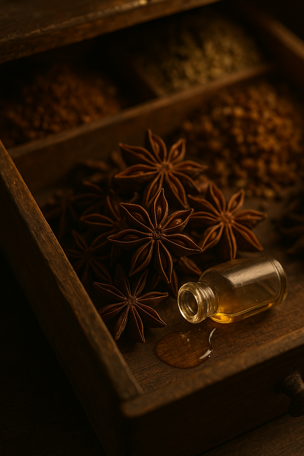 Star anise pods in a rustic wooden spice drawer beside a glass bottle with a small pool of pale golden essential oil.