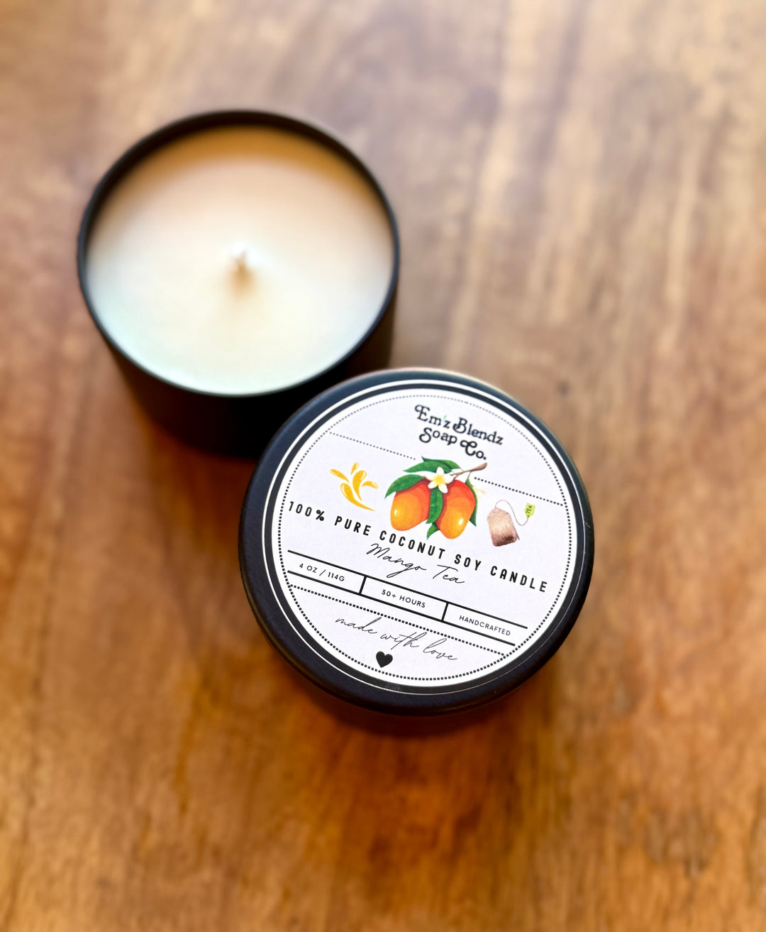 Mango Tea Soy Wax Candle in Tin | Sweet & Sophisticated Aroma Em'z Blendz Soap Co.