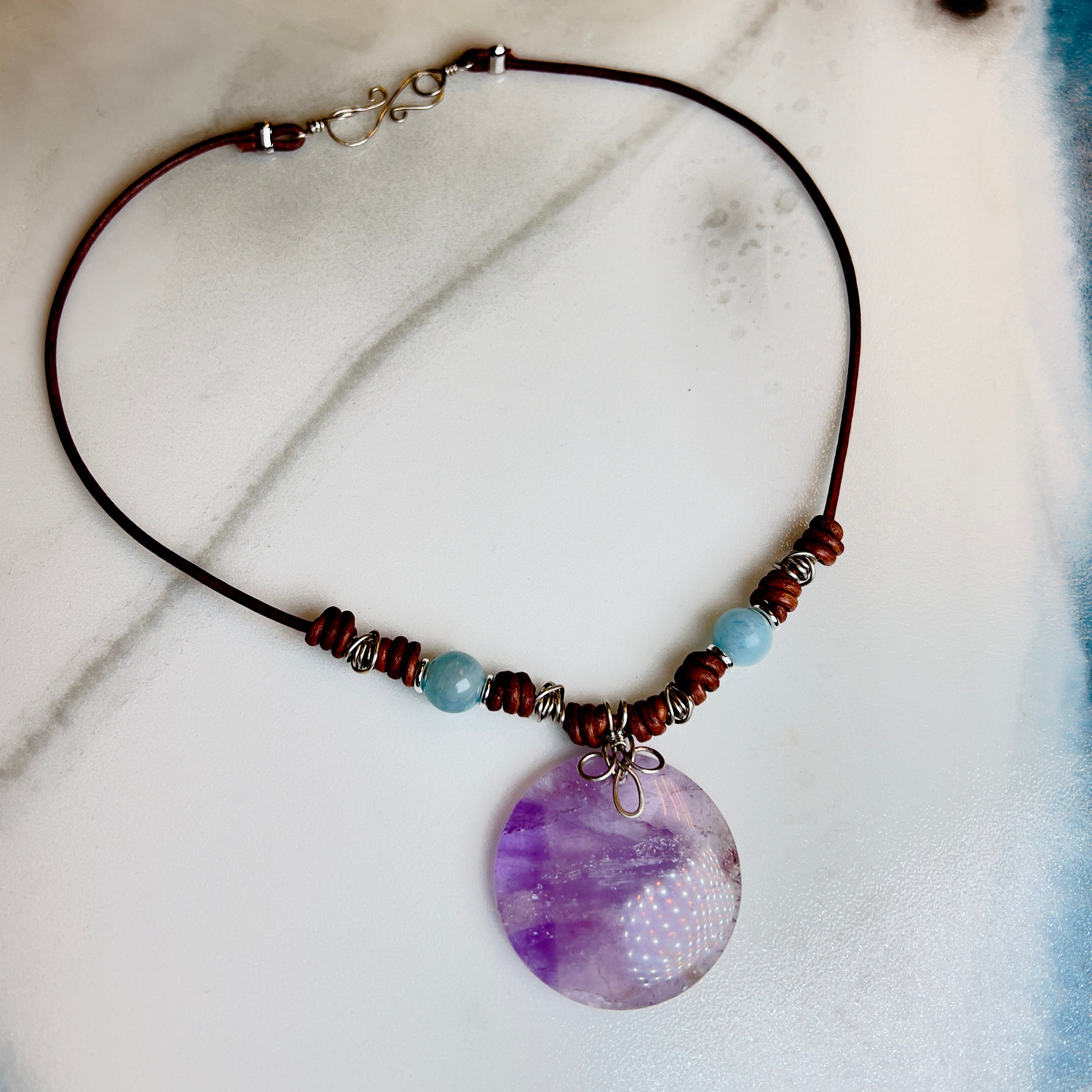 Amethyst & Aquamarine Leather Necklace | Handcrafted Artisan