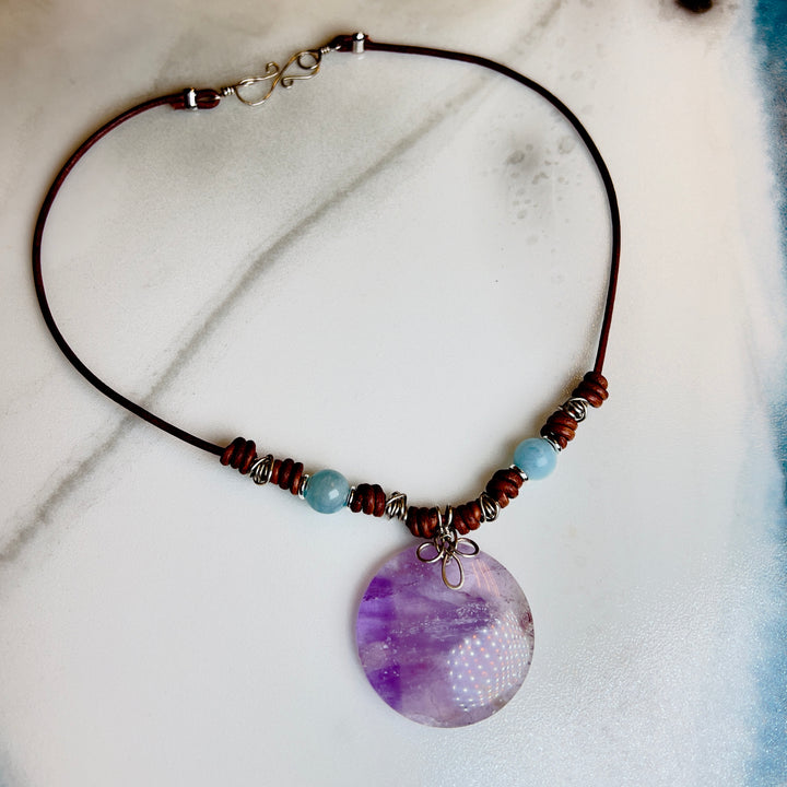 Amethyst & Aquamarine Leather Necklace | Handcrafted Artisan Jewelry Em'z Blendz Soap Co.