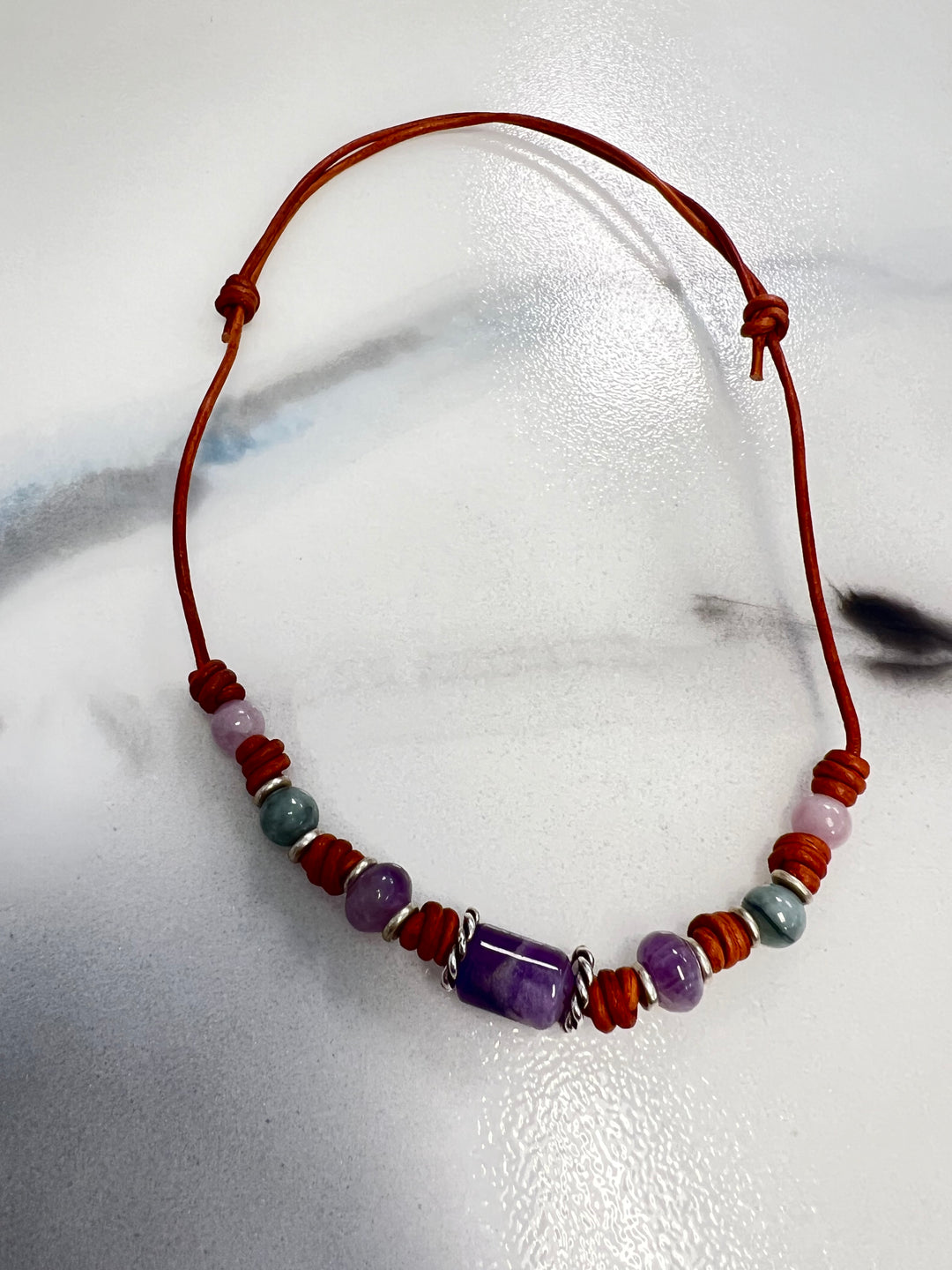 Amethyst, Jade, Kunzite & Sterling Silver Leather Necklace | Handcrafted Jewelry Em'z Blendz Soap Co.