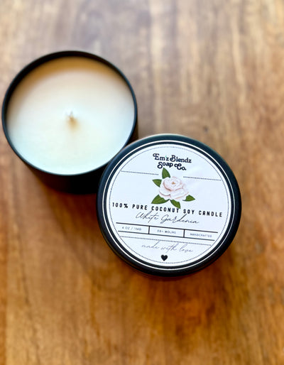 White Gardenia Soy Wax Candle in Tin | Elegant Floral Aroma