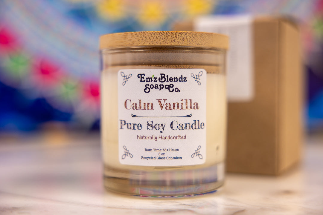 Calm Vanilla Soy Wax Candle in Glass Jar with Bamboo Lid | Warm & Velvety Aroma Em'z Blendz Soap Co.