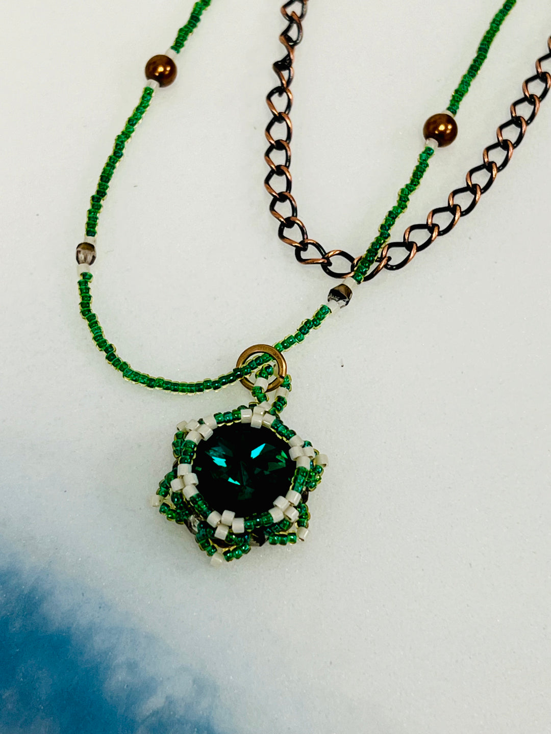 Handwoven Lotus Flower Necklace | Emerald Crystal, Brass & Copper Em'z Blendz Soap Co.