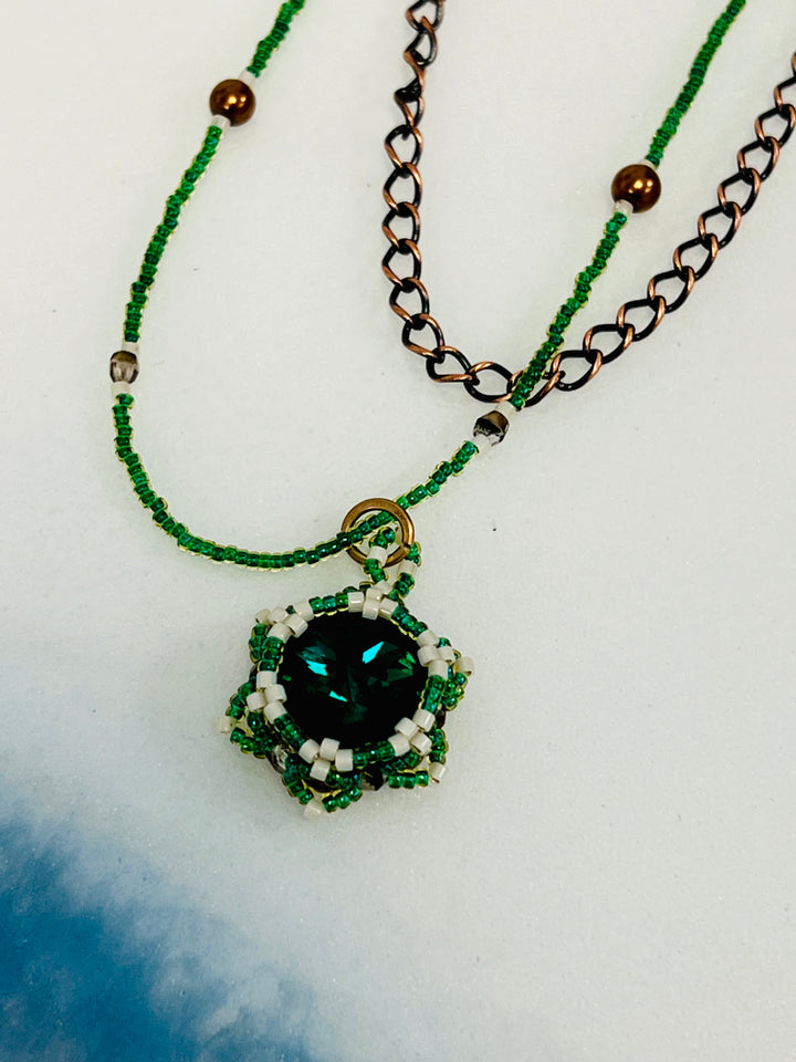 Handwoven Lotus Flower Necklace | Emerald Crystal, Brass & Copper Em'z Blendz Soap Co.