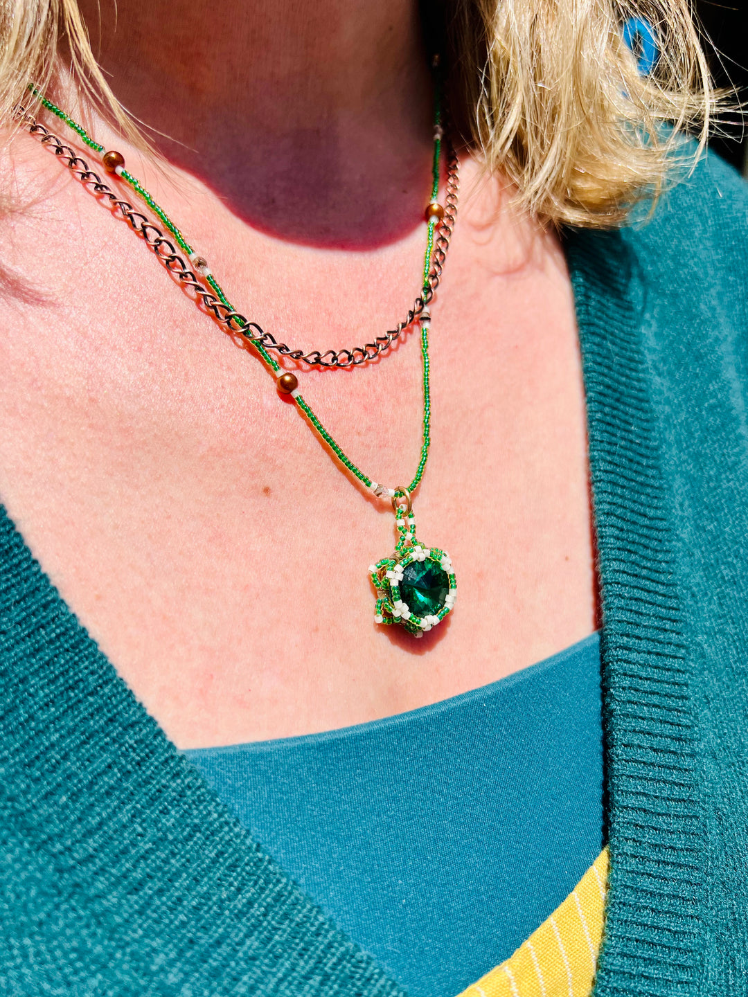 Handwoven Lotus Flower Necklace | Emerald Crystal, Brass & Copper Em'z Blendz Soap Co.