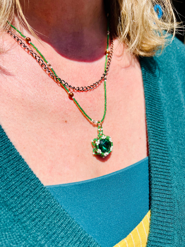 Handwoven Lotus Flower Necklace | Emerald Crystal, Brass & Copper Em'z Blendz Soap Co.