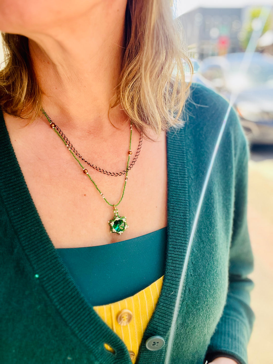 Handwoven Lotus Flower Necklace | Emerald Crystal, Brass & Copper Em'z Blendz Soap Co.