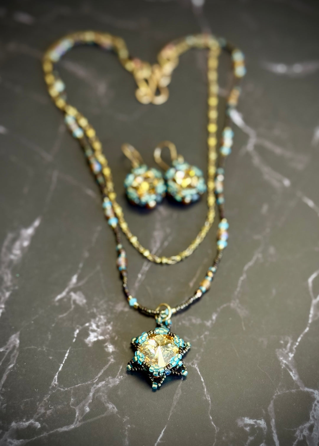 Lotus Flower Necklace | Handwoven Golden Crystal & Bronze Set with matching earrings Em'z Blendz Soap Co.