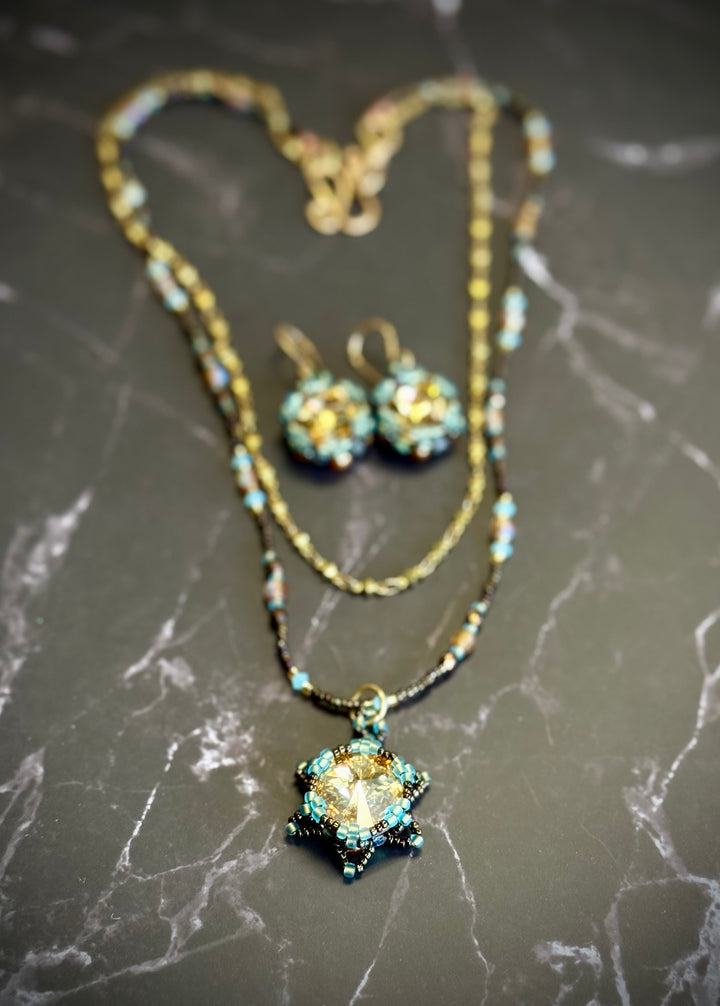 Lotus Flower Necklace | Handwoven Golden Crystal & Bronze Set with matching earrings Em'z Blendz Soap Co.