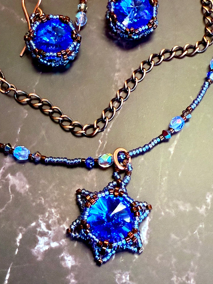 Lotus Flower Necklace | Handwoven Sapphire Blue Crystal & Copper Jewelry Em'z Blendz Soap Co.