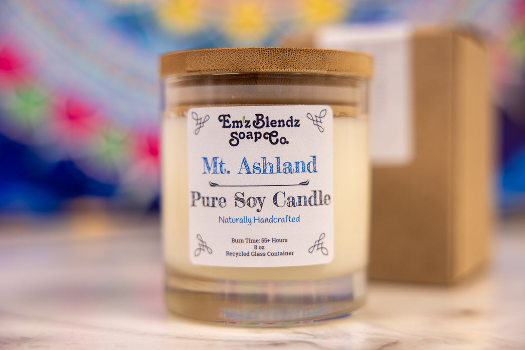 Mt. Ashland Soy Wax Candle in Glass Jar with Bamboo Lid | Woodland Aroma Em'z Blendz Soap Co.