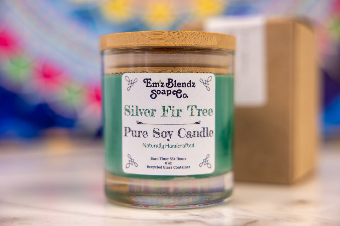 Silver Fir Tree Soy Wax Candle in Glass Jar with Bamboo Lid | Forest Aroma Em'z Blendz Soap Co.