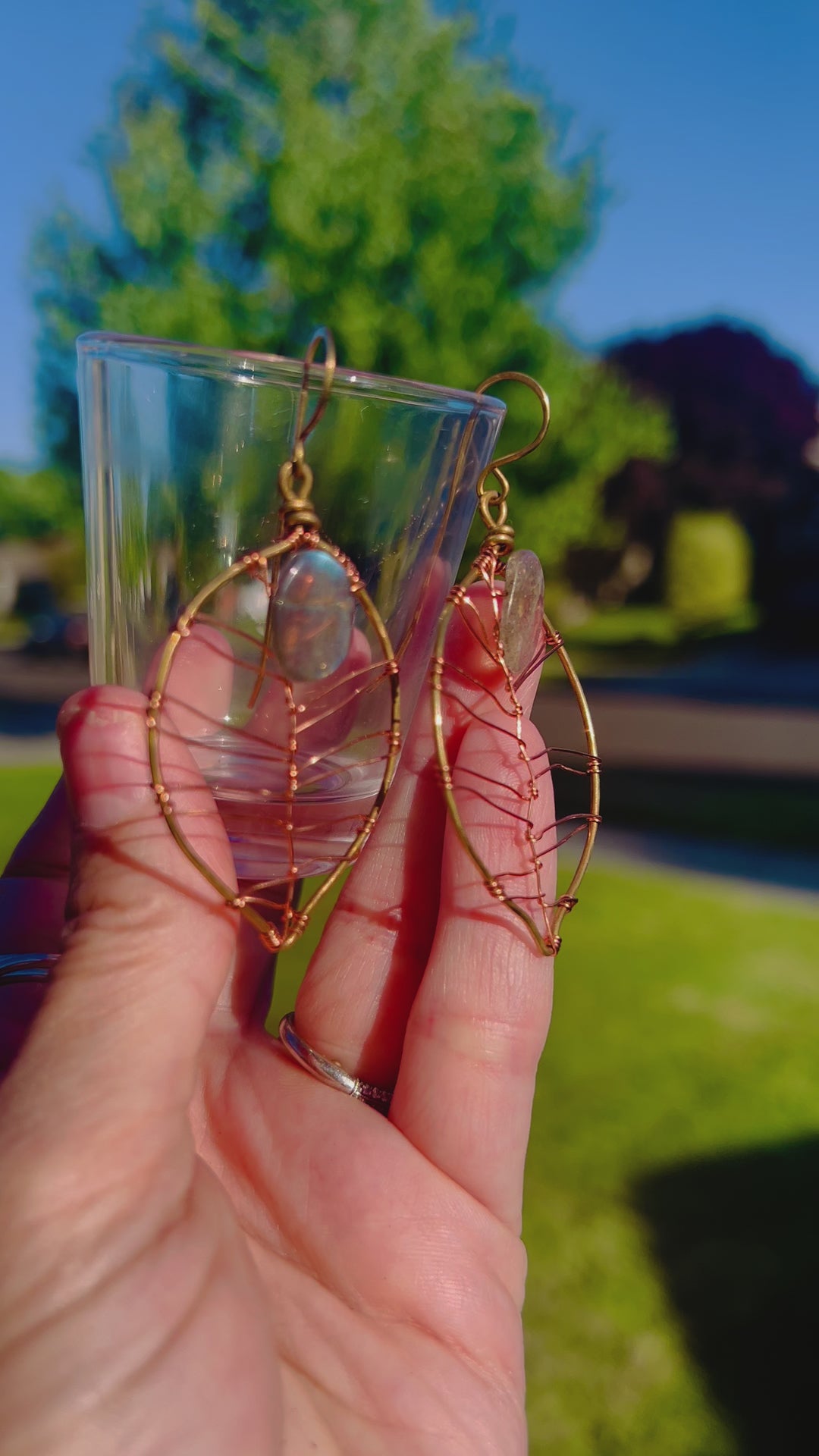 Labradorite Leaf Earrings | Handcrafted Antiqued Copper & Brass Jewelry Em'z Blendz Soap Co.
