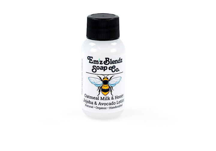 Guest Travel-size Hand & Body Lotion — Jojoba & Avocado Cozy Oatmeal Milk & Honey 100 Stock Wrapped Em'z Blendz Soap Co.