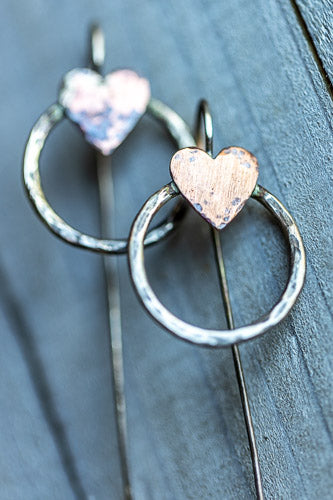 Hand-Hammered Sterling Silver & Copper Heart Earrings | Artisan Jewelry Em'z Blendz Soap Co.