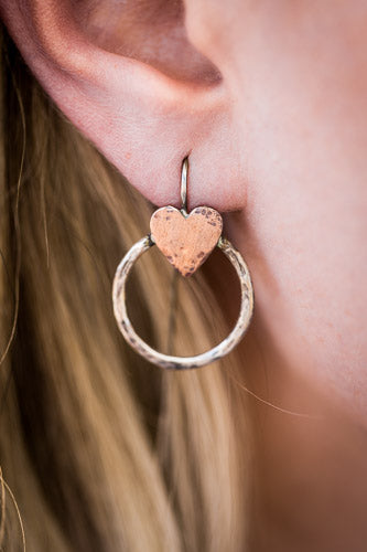 Hand-Hammered Sterling Silver & Copper Heart Earrings | Artisan Jewelry Em'z Blendz Soap Co.