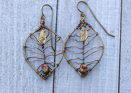 Citrine & Autumn Jasper Leaf Earrings | Handcrafted with Antiqued Copper & Brass    Em'z Blendz Soap Co.