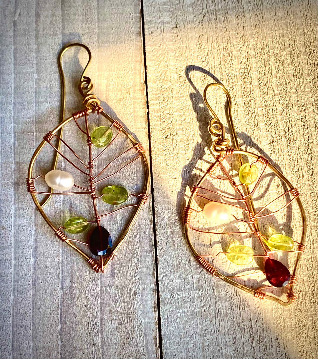 Peridot, Fresh Water Pearl & Rhodolite Garnet Leaf Earrings | Handcrafted Jewelry Em'z Blendz Soap Co.