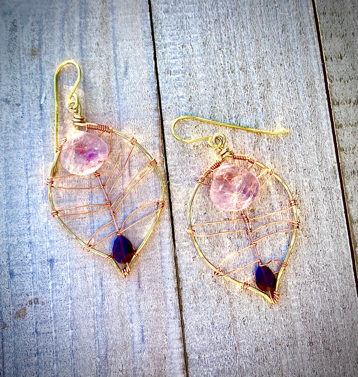 Lavender Amethyst & Rhodolite Garnet Leaf Earrings | Handcrafted Copper & Brass Em'z Blendz Soap Co.