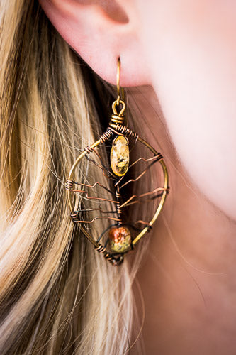 Citrine & Autumn Jasper Leaf Earrings | Handcrafted with Antiqued Copper & Brass    Em'z Blendz Soap Co.