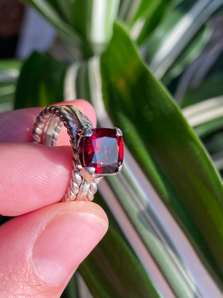 Brilliant Red Garnet & Fine Silver Hearts Stack Ring Set, 2.25cts    Em'z Blendz Soap Co.