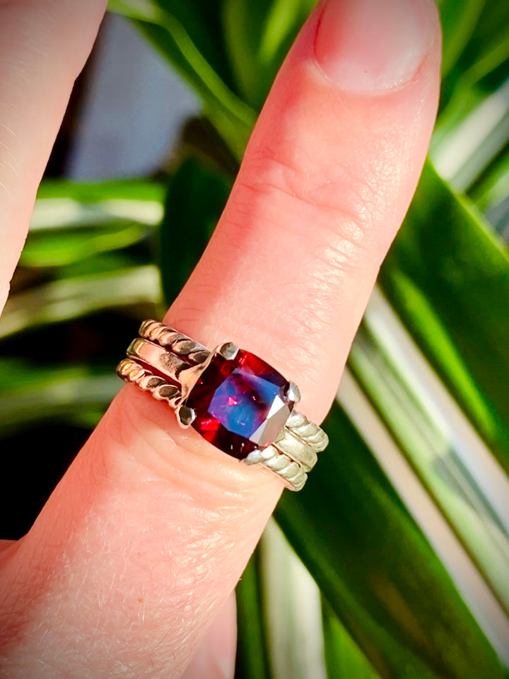 Brilliant Red Garnet & Fine Silver Hearts Stack Ring Set, 2.25cts    Em'z Blendz Soap Co.
