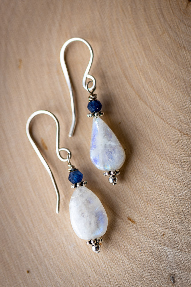 Em'z Blendz Rainbow Moonstone & Blue Sapphire Earrings | Handcrafted Sterling Silver    Em'z Blendz Soap Co.