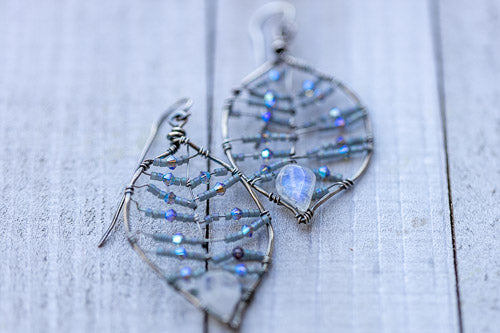Rainbow Moonstone Leaf Earrings | Handcrafted with Austrian Crystals & Sterling Silver Em'z Blendz Soap Co.