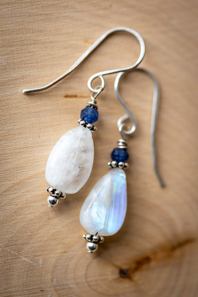 Em'z Blendz Rainbow Moonstone & Blue Sapphire Earrings | Handcrafted Sterling Silver    Em'z Blendz Soap Co.