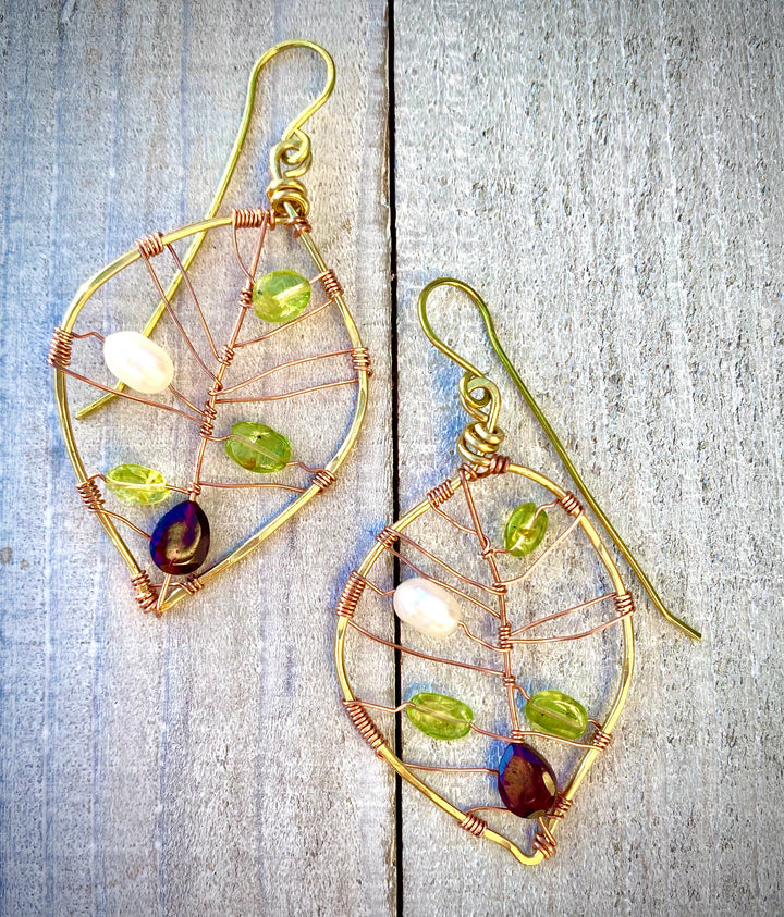 Peridot, Fresh Water Pearl & Rhodolite Garnet Leaf Earrings | Handcrafted Jewelry Em'z Blendz Soap Co.
