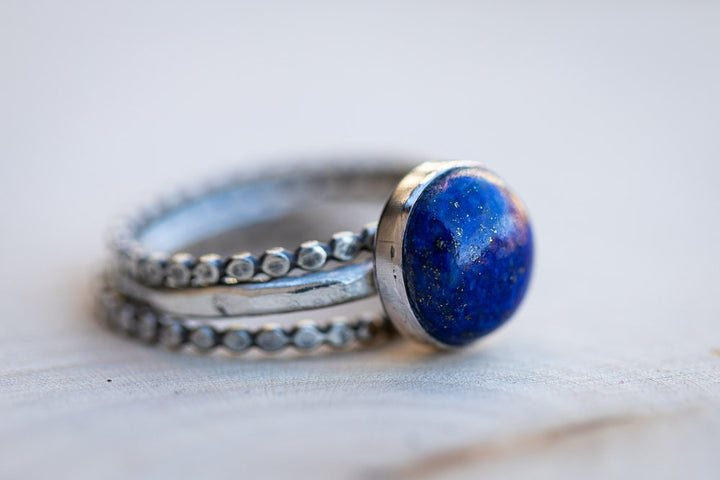Lapis Lazuli Stack Ring Set | Hand-Hammered Solid Fine Silver Jewelry Em'z Blendz Soap Co.