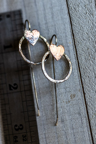 Hand-Hammered Sterling Silver & Copper Heart Earrings | Artisan Jewelry Em'z Blendz Soap Co.