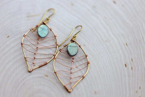 Labradorite Leaf Earrings | Handcrafted Antiqued Copper & Brass Jewelry Em'z Blendz Soap Co.