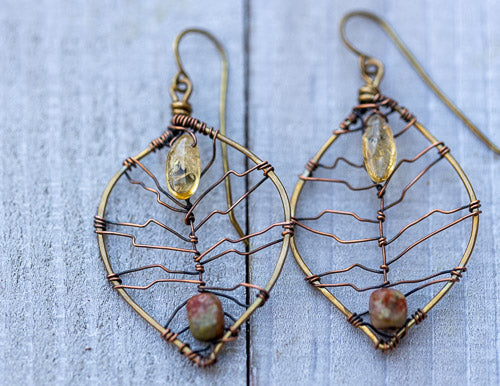 Citrine & Autumn Jasper Leaf Earrings | Handcrafted with Antiqued Copper & Brass    Em'z Blendz Soap Co.