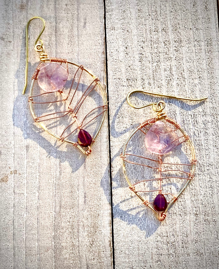 Lavender Amethyst & Rhodolite Garnet Leaf Earrings | Handcrafted Copper & Brass Em'z Blendz Soap Co.