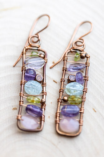 Framed Gemstone Earrings | Hand-hammered Copper with Amethyst, Peridot, Aquamarine & Rose Quartz    Em'z Blendz Soap Co.