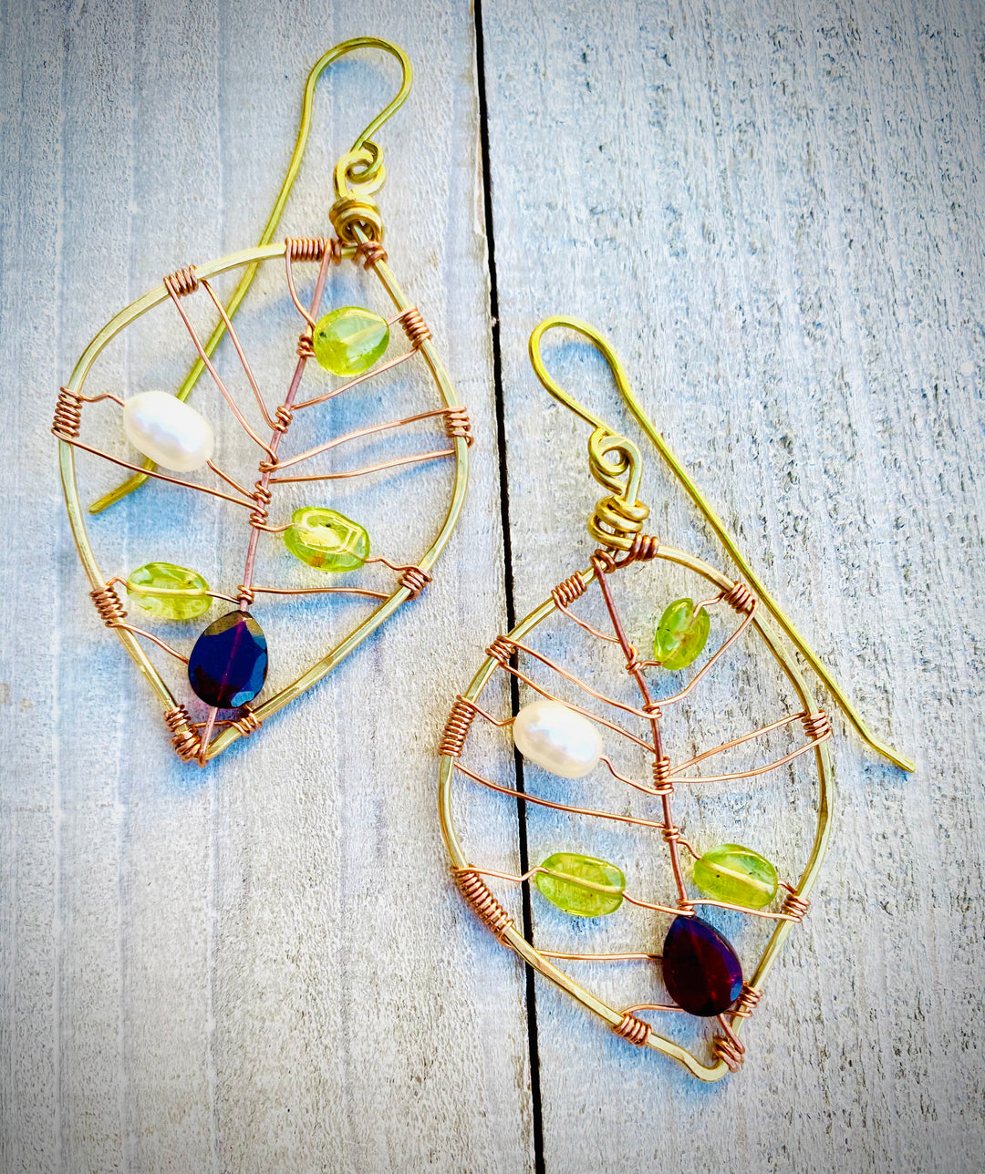 Peridot, Fresh Water Pearl & Rhodolite Garnet Leaf Earrings | Handcrafted Jewelry Em'z Blendz Soap Co.