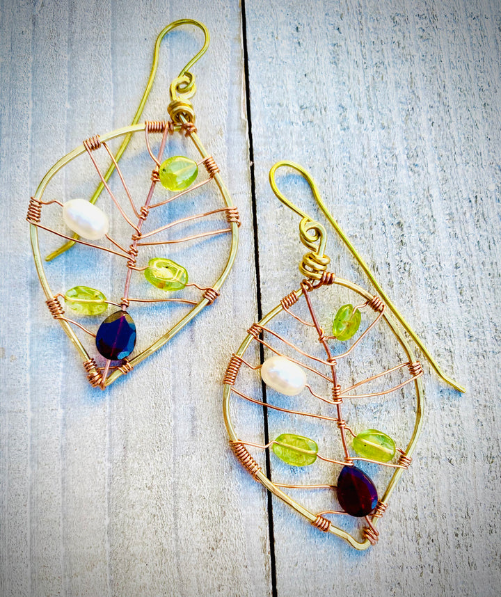Peridot, Fresh Water Pearl & Rhodolite Garnet Leaf Earrings | Handcrafted Jewelry Em'z Blendz Soap Co.