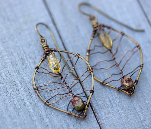 Citrine & Autumn Jasper Leaf Earrings | Handcrafted with Antiqued Copper & Brass    Em'z Blendz Soap Co.
