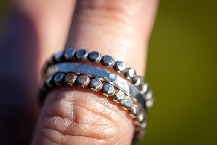 Beaded Solid Sterling Silver Stack Ring Set | Hand-Hammered Artisan Rings Em'z Blendz Soap Co.