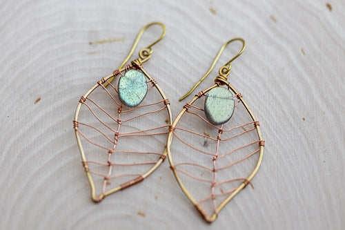 Labradorite Leaf Earrings | Handcrafted Antiqued Copper & Brass Jewelry Em'z Blendz Soap Co.