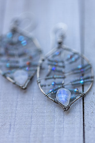 Rainbow Moonstone Leaf Earrings | Handcrafted with Austrian Crystals & Sterling Silver Em'z Blendz Soap Co.