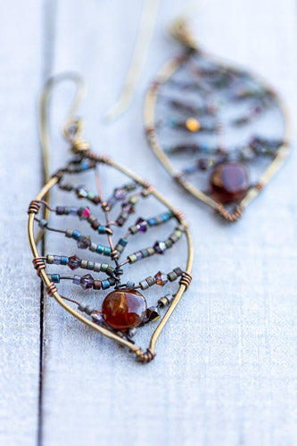 Cinnamon Garnet Leaf Earrings | Handcrafted with Antiqued Copper & Brass    Em'z Blendz Soap Co.