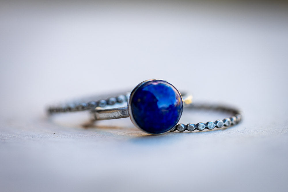 Lapis Lazuli Stack Ring Set | Hand-Hammered Solid Fine Silver Jewelry Em'z Blendz Soap Co.